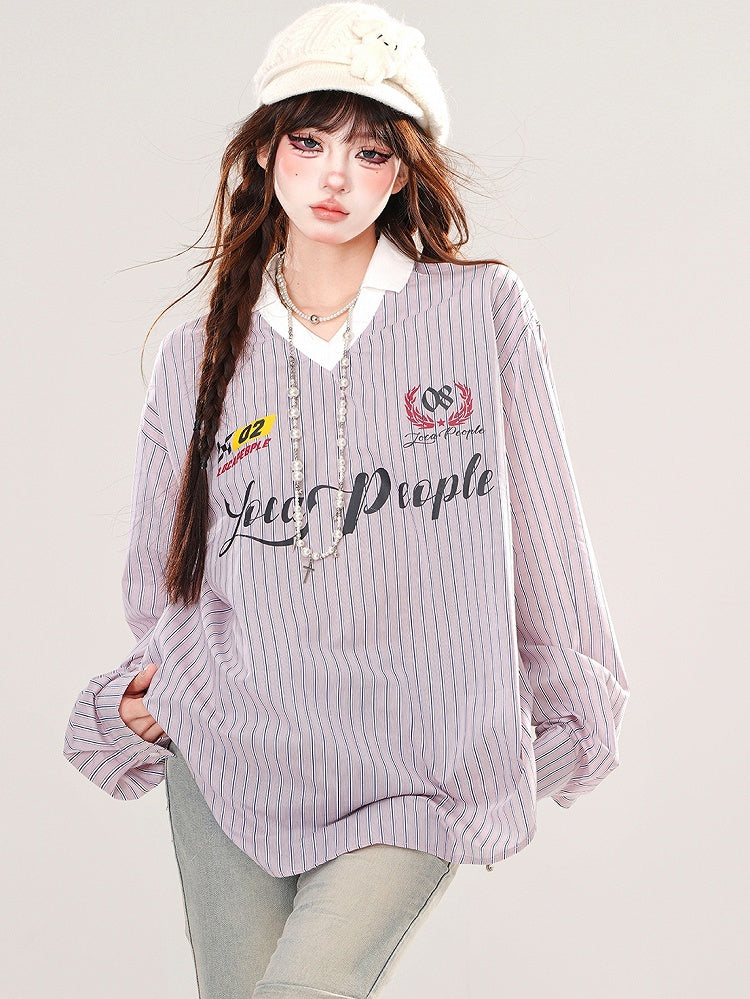 Blue and Pink Letters V-neck Striped Loose Top