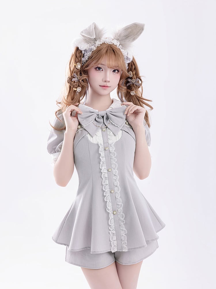 Sleeve Two-Piece Brooch Gray Kei Coord Shorts Top Bow Faux Jirai Short Set: with