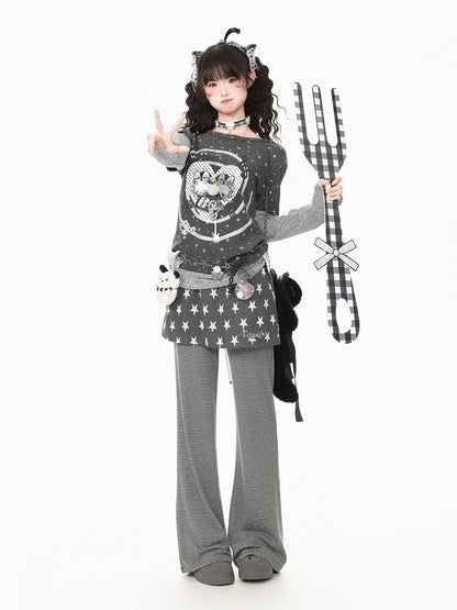 Otaku Style Gray Two-Piece Look Round Neck Long Sleeve Shirt with Bunny & Star Motif - Languid Park