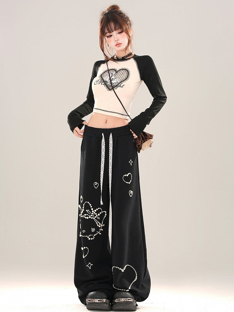 Black/Grey Heart Print Colorblock Close-fit T-shirt