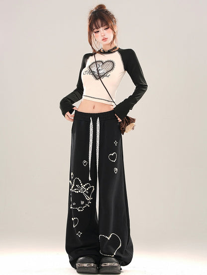 Black/Grey Heart Print Colorblock Close-fit T-shirt