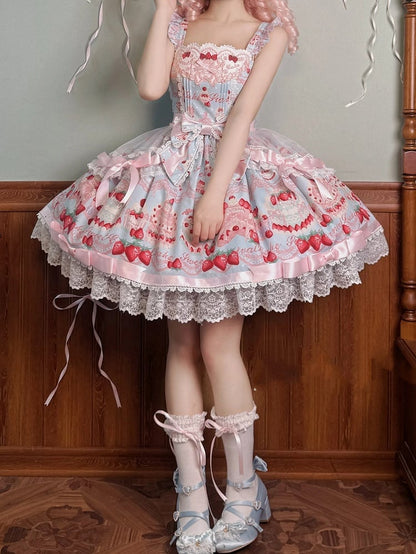 and Dress Print Sweet Jumper Strawberry Blue Skirt Cute Cake Lolita