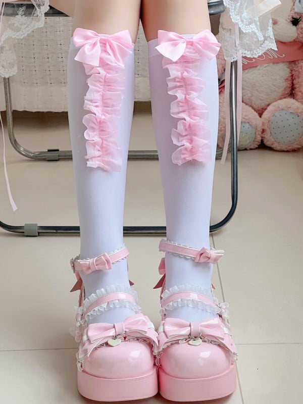 7 Trim Lace Optionen Details Socken Weiß/Schwarz Bowknot Kalb