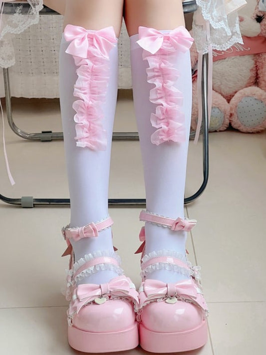 7 Trim Lace Optionen Details Socken Weiß/Schwarz Bowknot Kalb