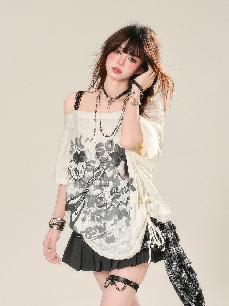 Lace Top Drawstring Graffiti Waist Apricot Print Asymmetrical Neckline