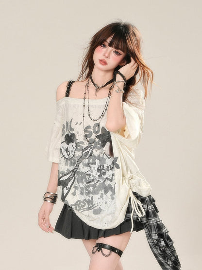 Lace Top Drawstring Graffiti Waist Apricot Print Asymmetrical Neckline
