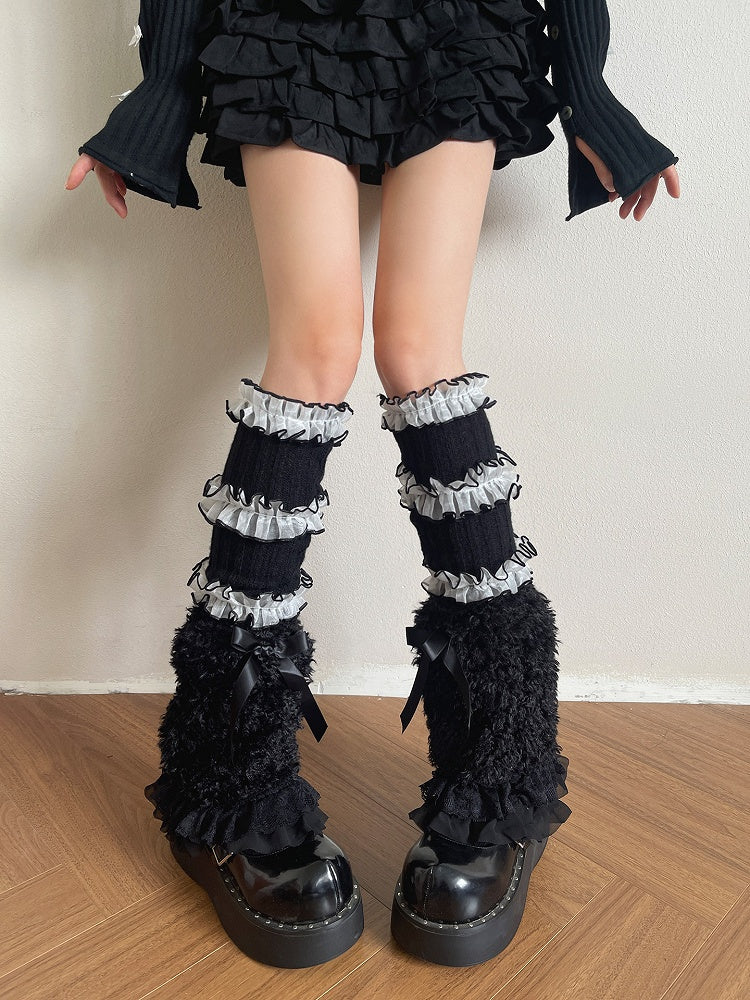 Trim with Leg Warmers Plush Lace Curly Bow White/Black Decoration