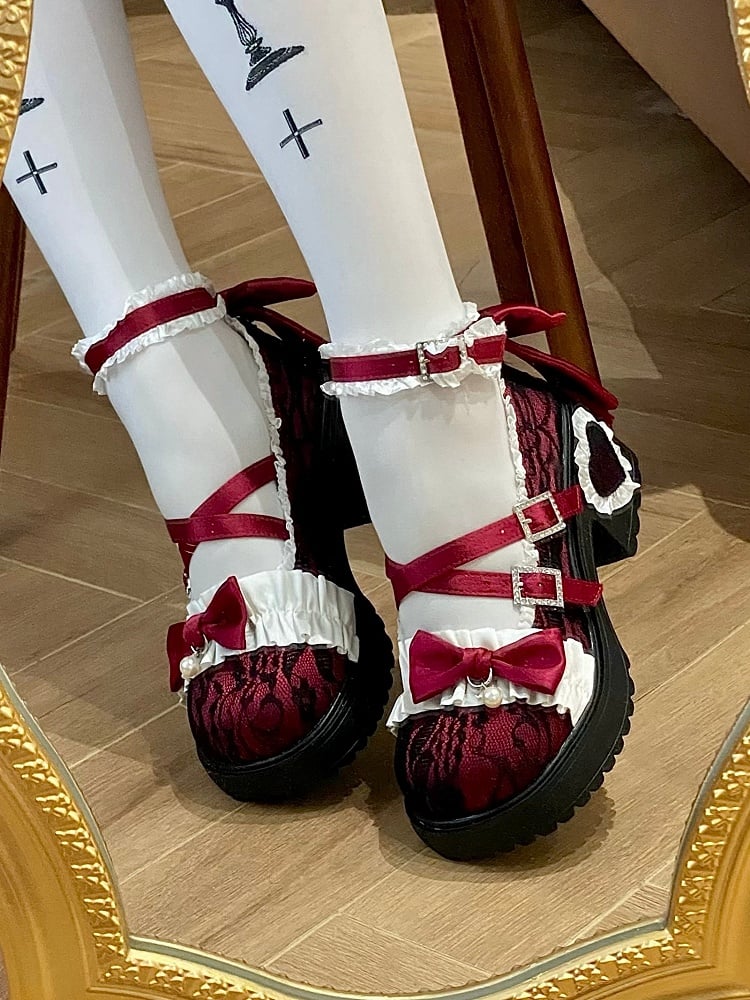Rhinestone-Embellished Buckle with Ruffles Trim & Heart Applique Heel Wine Red Platform Mid-heel Mary Janes  in Elegant Lolita