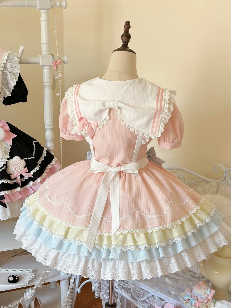 Apron Maid Kitty Pastel Heart Sailor Dress Collar Color with Lolita Sweet