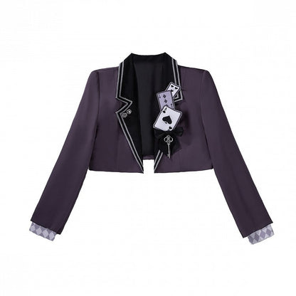 + Gothic Set Waist Skirt Bunny High Cropped Magician Coat Print Lolita Lapel Sleeveless Purple - Top