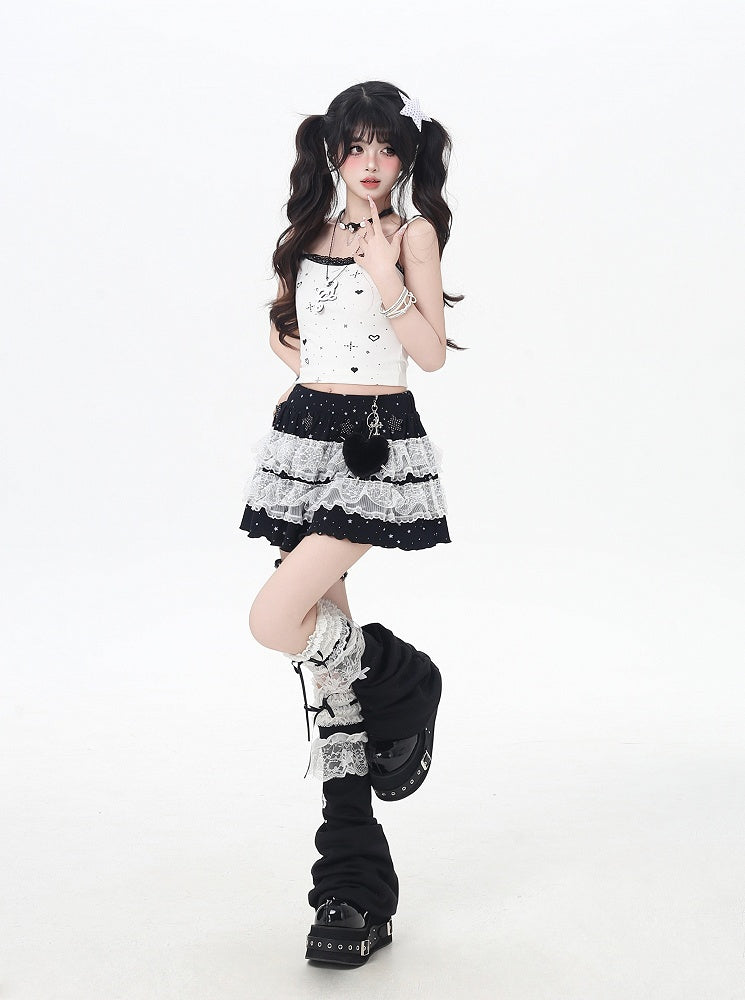 スカート グレー/ブラック 伸縮性のあるウエスト スターアップリケ レーストリム ティアードニット ライト