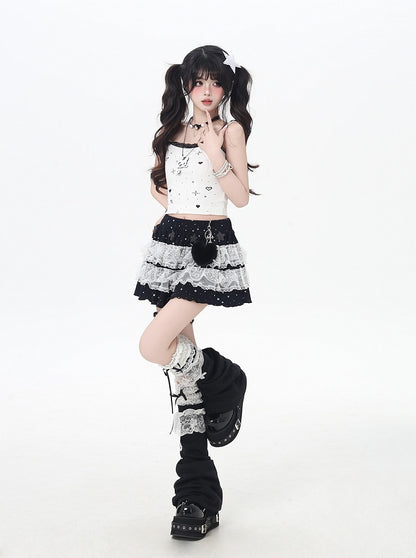 スカート グレー/ブラック 伸縮性のあるウエスト スターアップリケ レーストリム ティアードニット ライト