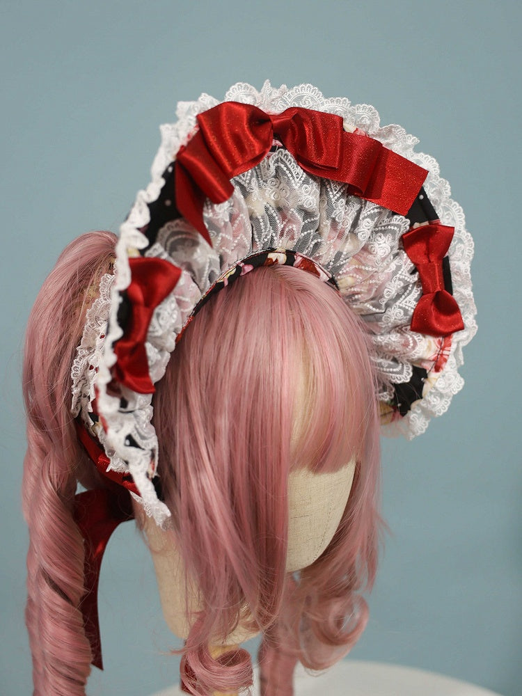 Black Sweet Bonnet Lolita / Red Strawberry with Print Pink