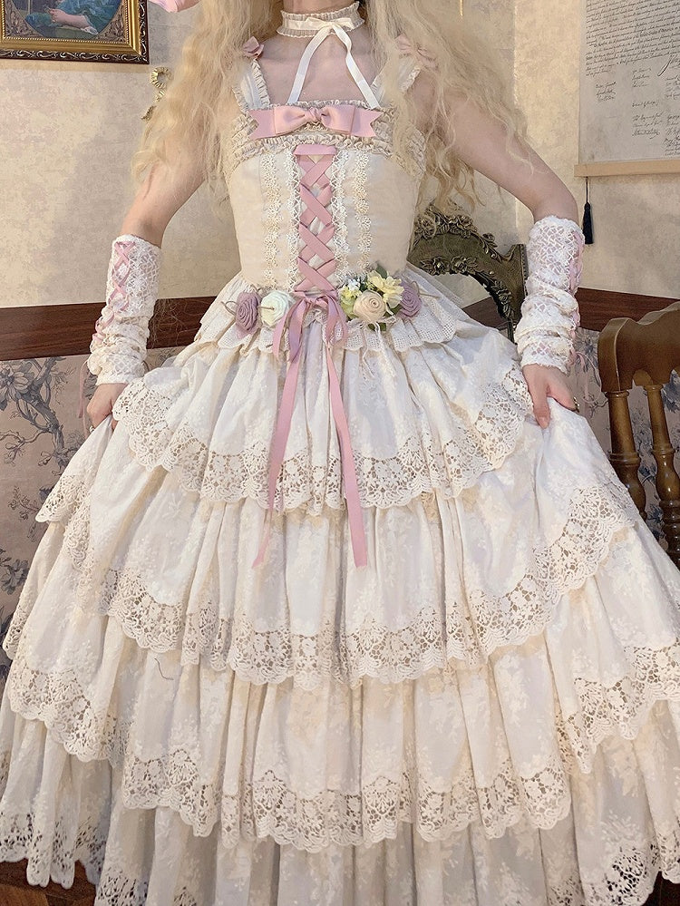 Beige Multi-layer Ruffles Elegant Lolita Skirt Floral Embroidery Details - Miss Point