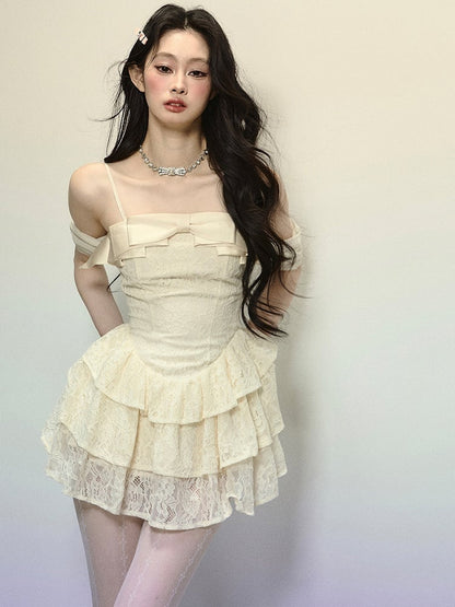 Apricot Bow Accent Tiered Skirt Lace Mini Dress