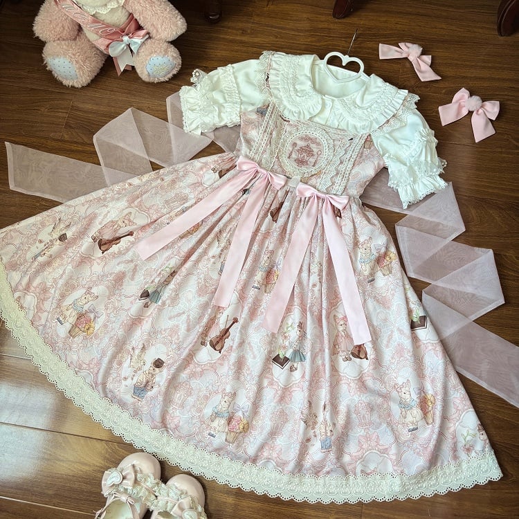 and Print JSK Dress Bunny Pink High Lolita Waist Sweet Violin