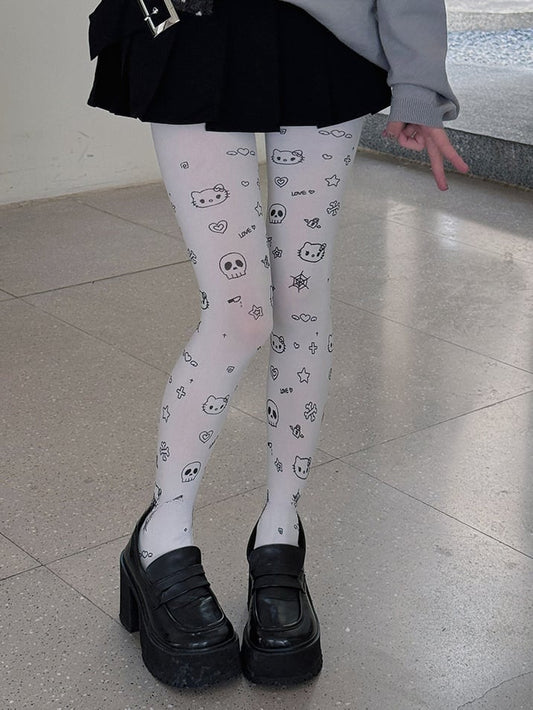 ホワイトのスイートキティハートスタープリントカートゥーンタイツ