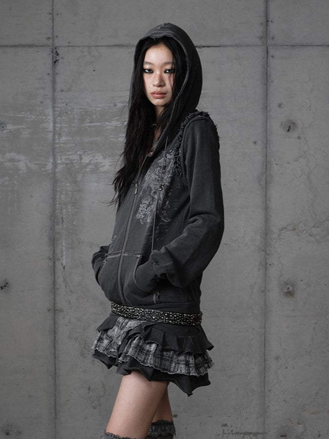Wasteland Detachable Y2K with Dark Gray Hoodie Skirt Plaid Layered Sleeves Punk Dress