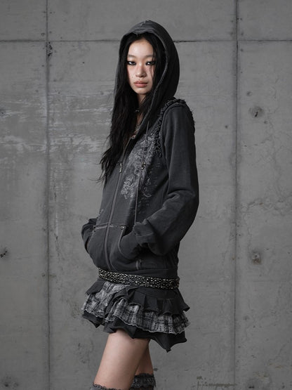 Wasteland Detachable Y2K with Dark Gray Hoodie Skirt Plaid Layered Sleeves Punk Dress