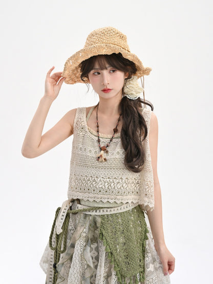 Floral Accent Beige Vest Hollow-Out Lace