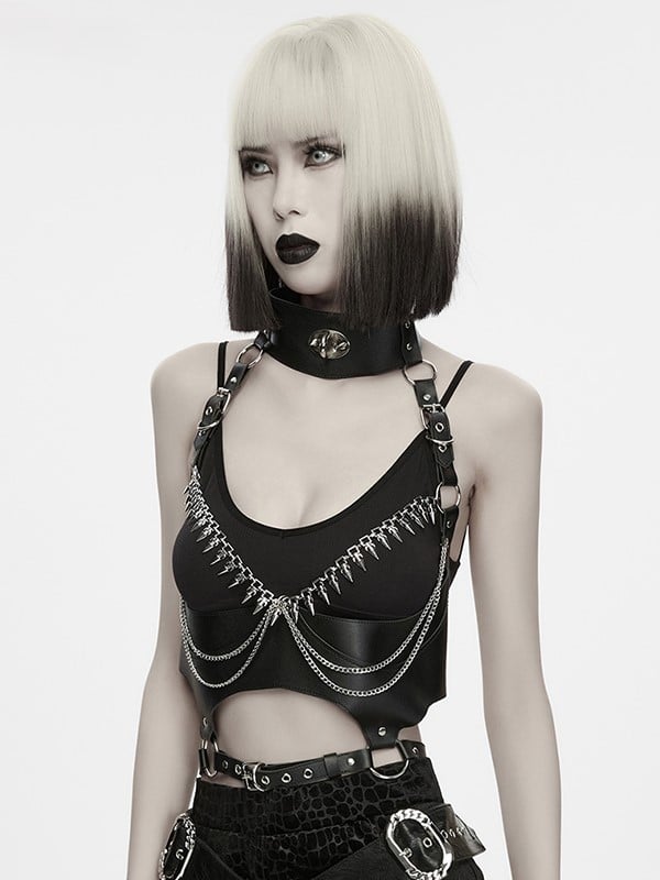 Spikes and Chains Black Leather Punk Body Harness - Punk Rave