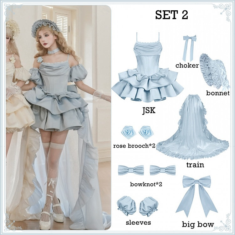 Set mit Stäbchen, JSK-Taille, volle Träger, elegantes blaues Kleid mit Ausschnitt, Wasserfallausschnitt, Spaghetti-Lolita