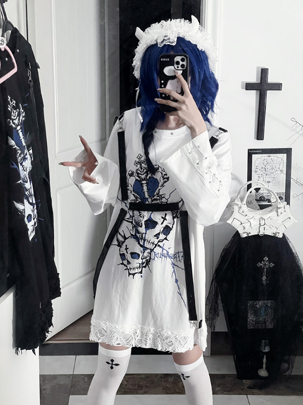 + Long-Sleeve Black Skull Print Straps Heart PU Punk Blue White with Subculture Top