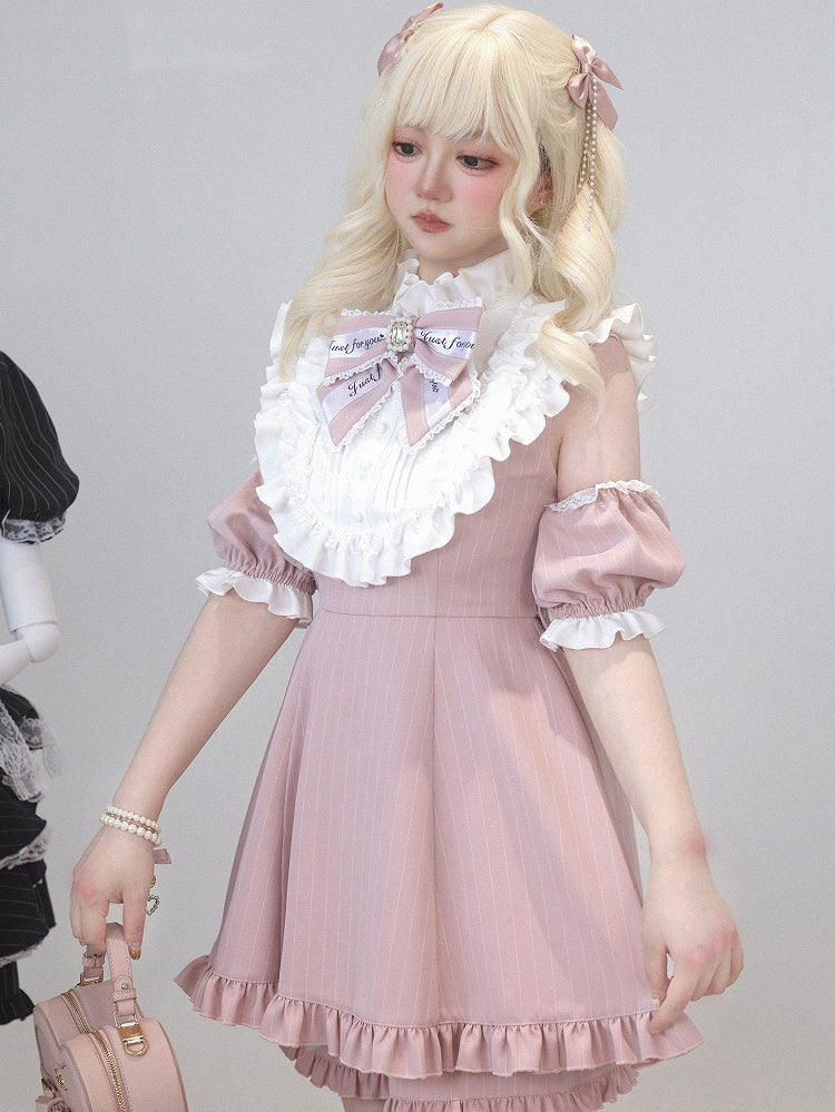 Jirai Dress Sleeve Shorts Convertible with Kei Set: 3-Way Pink Striped