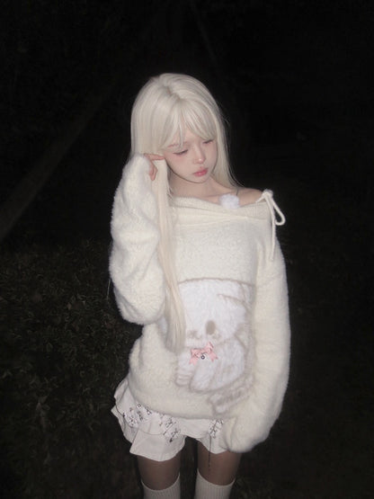 with Plush Pink Sweater Bow Off-Shoulder Beige Kawaii Puppy Details Bell