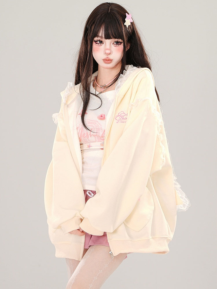 Blau/Apricot – Kapuzenjacke mit Spitzenbesatz und Hasenohren