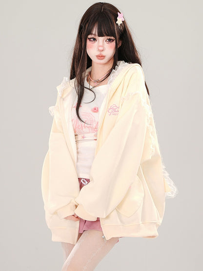 Blau/Apricot – Kapuzenjacke mit Spitzenbesatz und Hasenohren