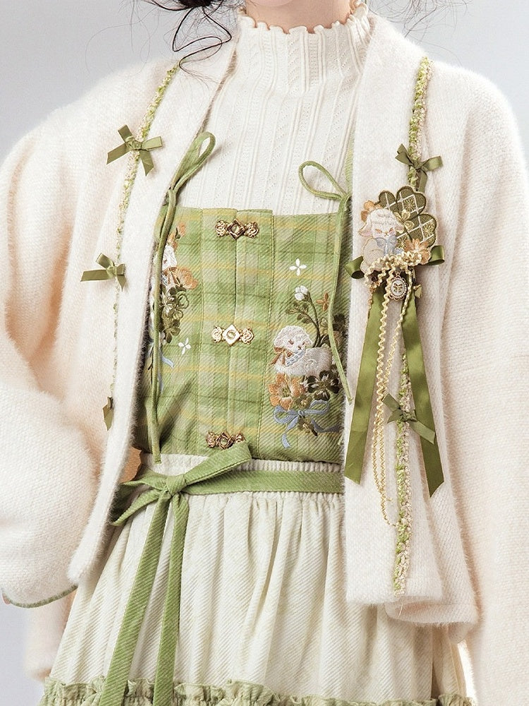 Green Plaid Sheep Embroidered Inner Blouse in Han Lolita Style - Luo Xiu Dong Xiang