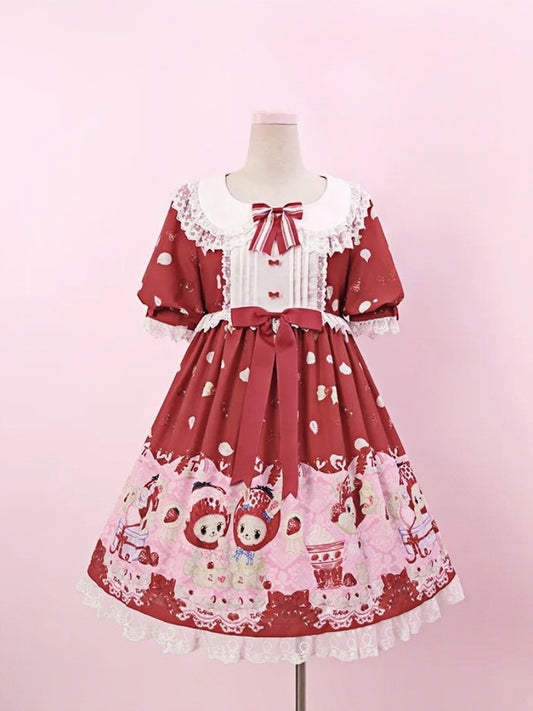 Cottagecore OP Lolita Kleid Rot Chiffon Country Erdbeere und Bär Print Süß