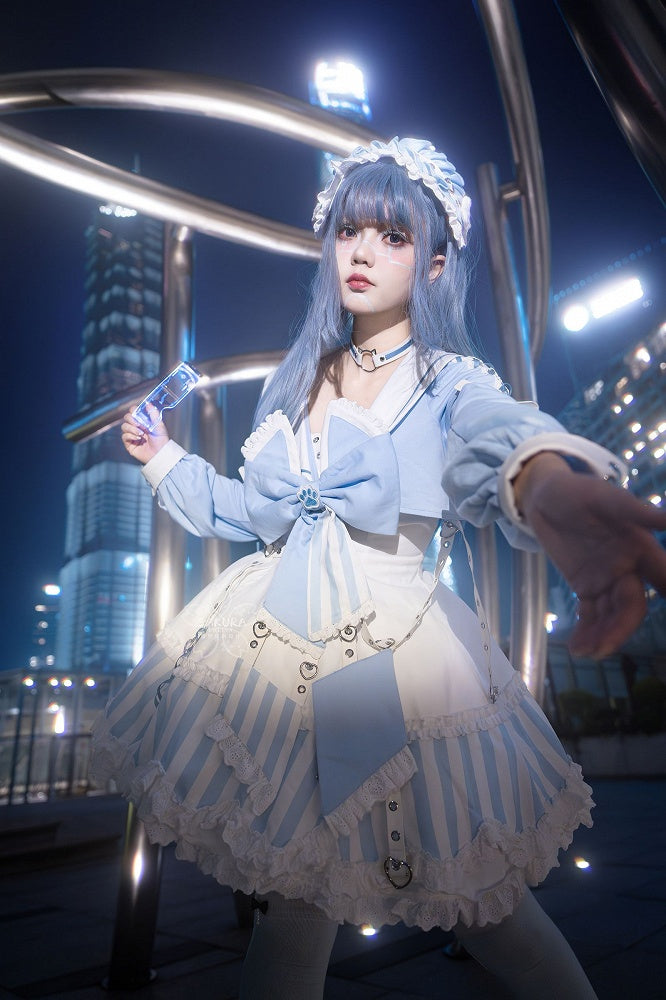 Kitty Light Bow Kaiwai Set Blaues JSK-Kleid Kurz geschnittenes Tenshi Lolita Sailor Striped Big Top Muster Ohren + - Kragen