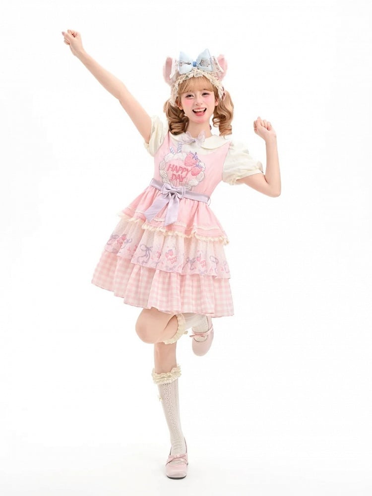 Süße Erdbeerkuchen Stickerei Peter Kragen Lolita Kleid Rock Tiered Pan Pink