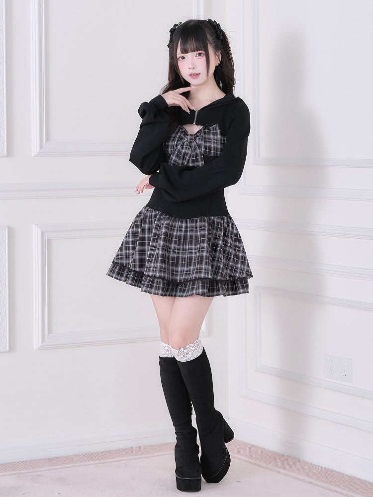 Black Dress Sleeve With Kei Design Plaid Long Jirai Hooded