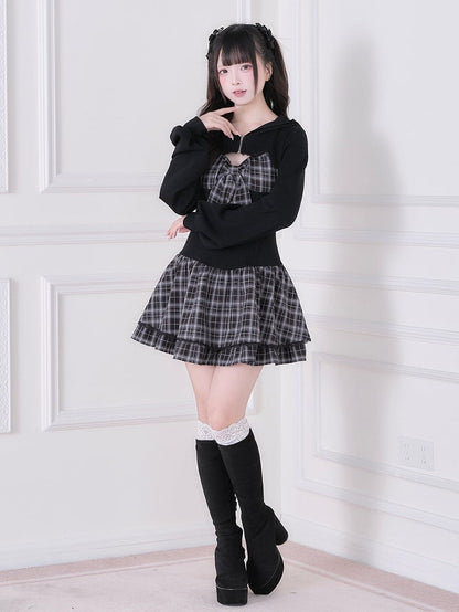 Black Dress Sleeve With Kei Design Plaid Long Jirai Hooded
