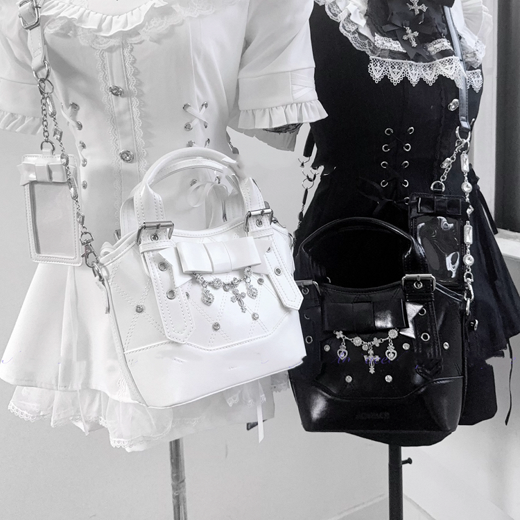 Black/White Chain Jirai Cross PUQuilted Crossbody/Handbagwith Kei Rhinestone