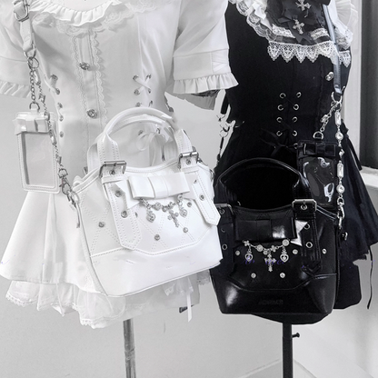 Black/White Chain Jirai Cross PUQuilted Crossbody/Handbagwith Kei Rhinestone