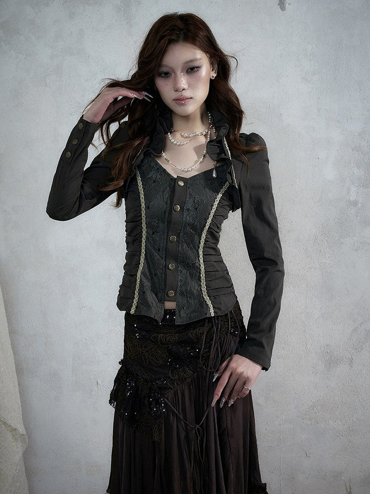 Rococo Punk Army Green Faux Two-Piece Long Sleeve Blouse with Lace and Ruffle Accents - NO ROMANCE