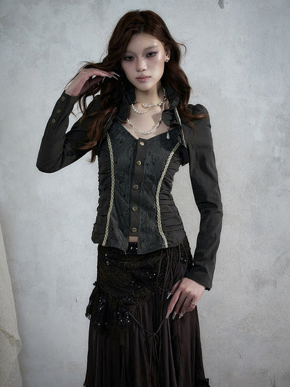 Rococo Punk Army Green Faux Two-Piece Long Sleeve Blouse with Lace and Ruffle Accents - NO ROMANCE