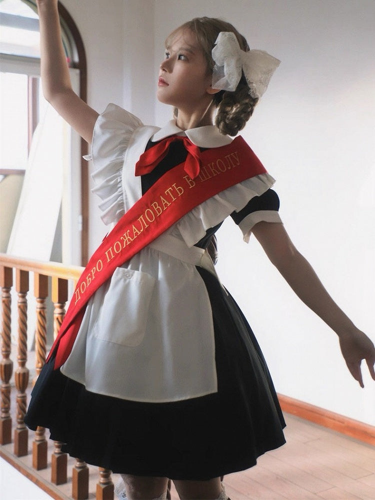 + Sleeves Full Pleated Ribbon Black with Tie Embroidered Dress Apron Short Maid Red Bow Lolita Set