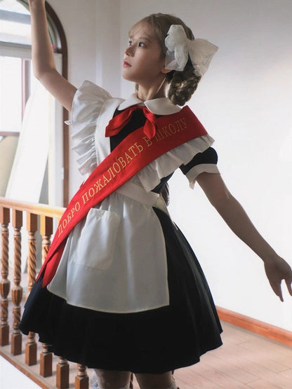+ Sleeves Full Pleated Ribbon Black with Tie Embroidered Dress Apron Short Maid Red Bow Lolita Set