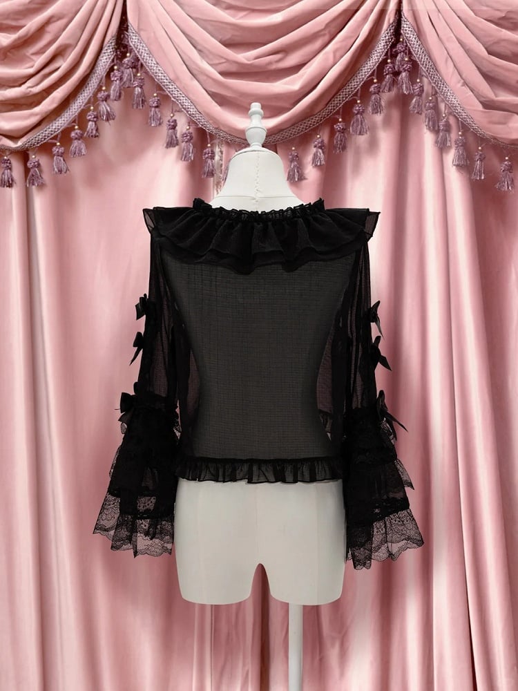 with Black Accents Lace Lolita Bow Bell Sleeves Blouse