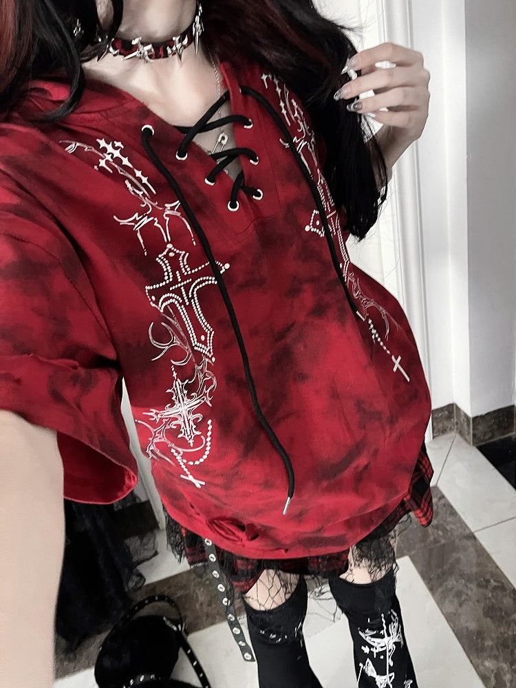 Hood Sleeve Tie-Dye Cross Hoodiewith Gothic PrintDevil Short Horn RedBlack