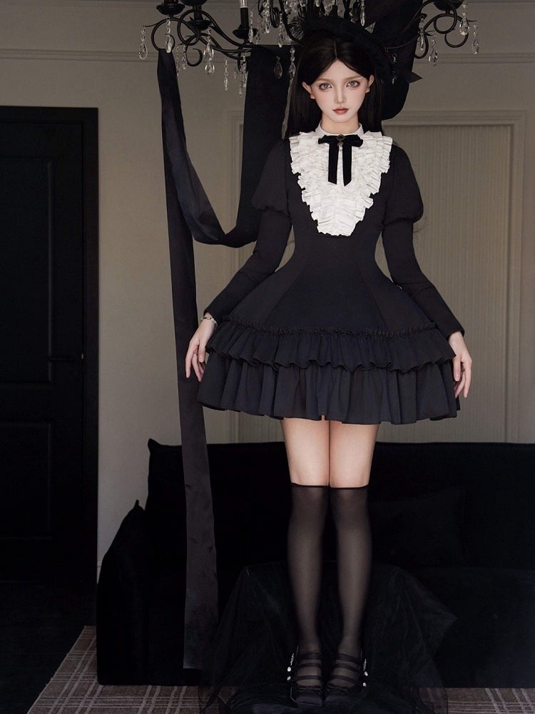 White Ruffles Bodice Black Long Juliette Sleeves Lolita Slimming Dress