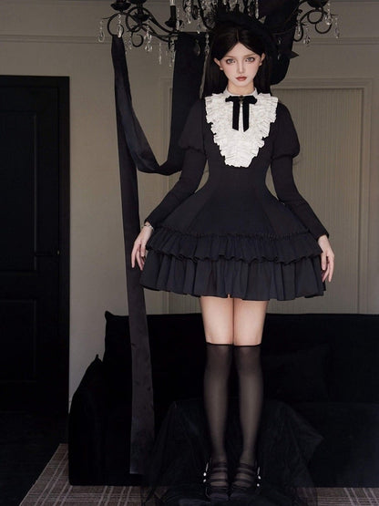 White Ruffles Bodice Black Long Juliette Sleeves Lolita Slimming Dress