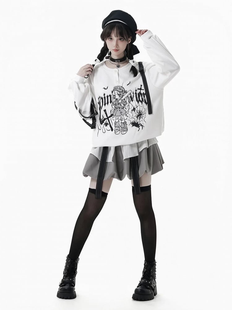 and Anime Graffiti Print Techwear-Style Straps with Girl Letter Snap Detachable Black/White Sweatshirt