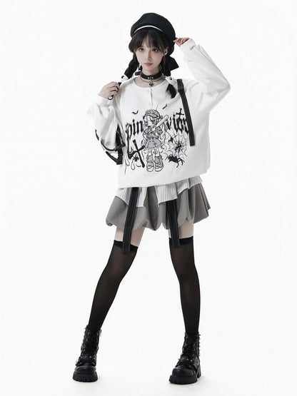 and Anime Graffiti Print Techwear-Style Straps with Girl Letter Snap Detachable Black/White Sweatshirt