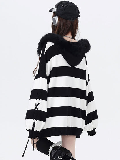 Punk Zip-up Hooded and Fur - Sweater White Removable Collar with Stripes Faux Black